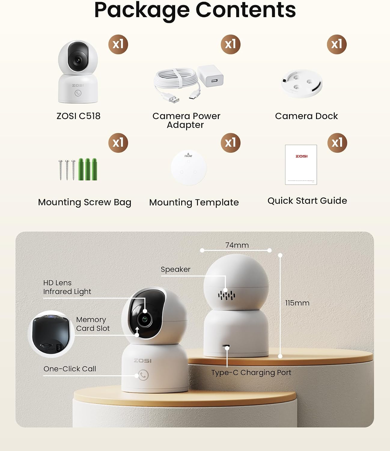 ZOSI 4K C518 360 2-Way 5GHz/2.4GHz 64G Indoor Security Camera, WiFi Pan/Tilt Pet/Dog/Baby Plug-in IP Camera, Auto