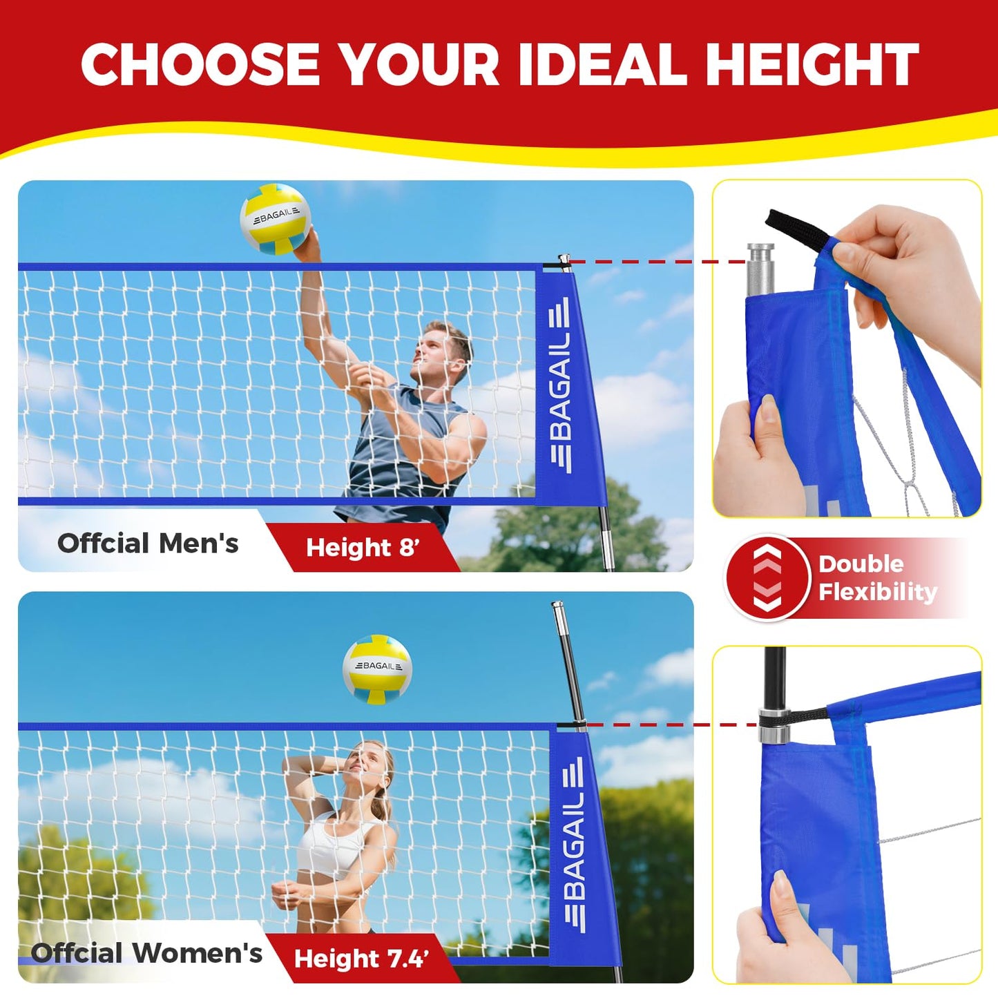BAGAIL Volleyball Net, 12ft Portable Volleyball Net for Backyard - Adjustable Height, Heavy-Duty Frame, Freestanding Design - Portable Outdoor/Indoor Volleyball Set with Carry Bag - Blue