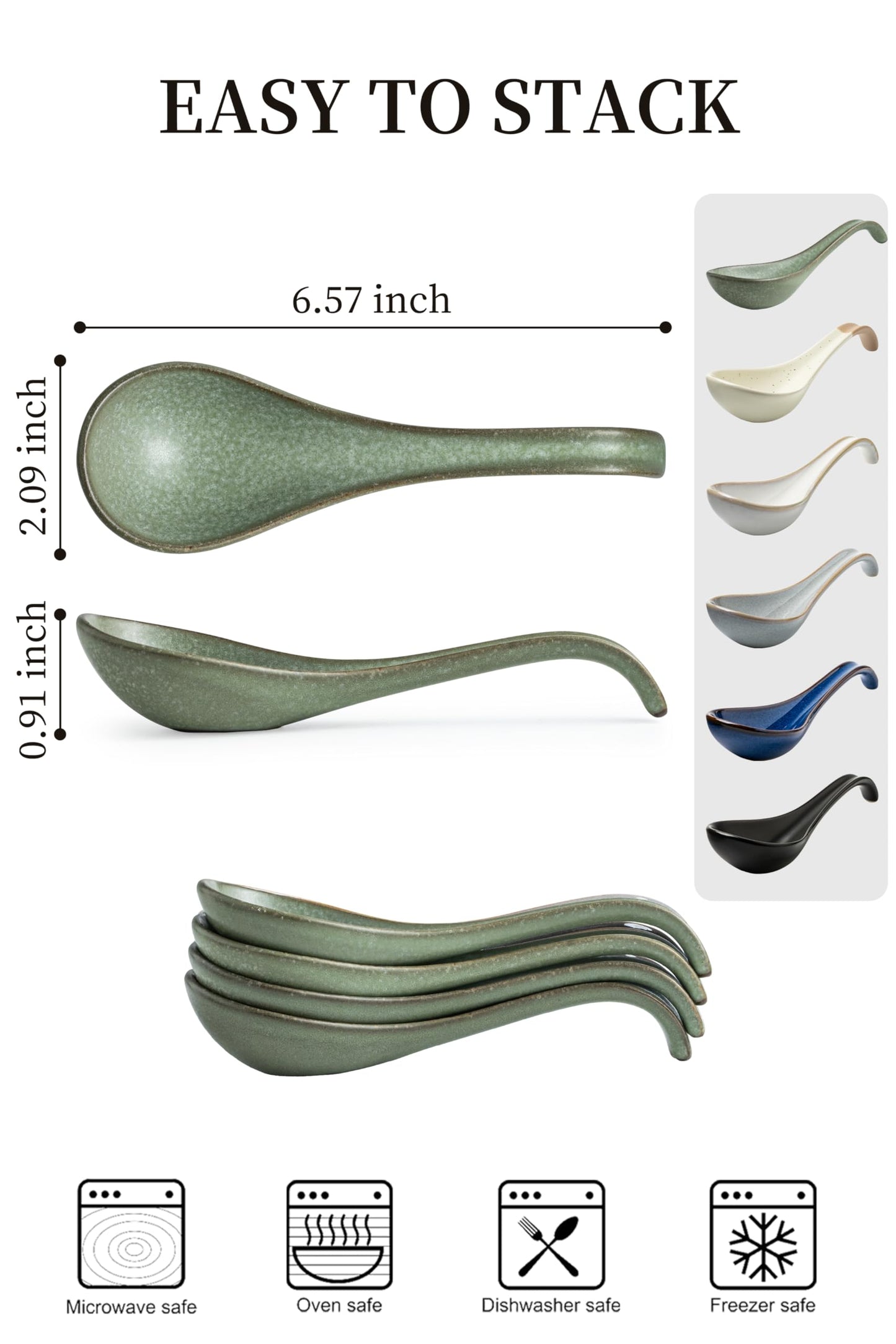 Asian Soup Spoon, Chinese Soup Spoons, Ramen Spoons, Japanese Ceramic Soup Spoon Set of 6,Thanksgiving Christmas Kitchen With Long Handle for Serving, Ramen, Pho, Noodles, Green