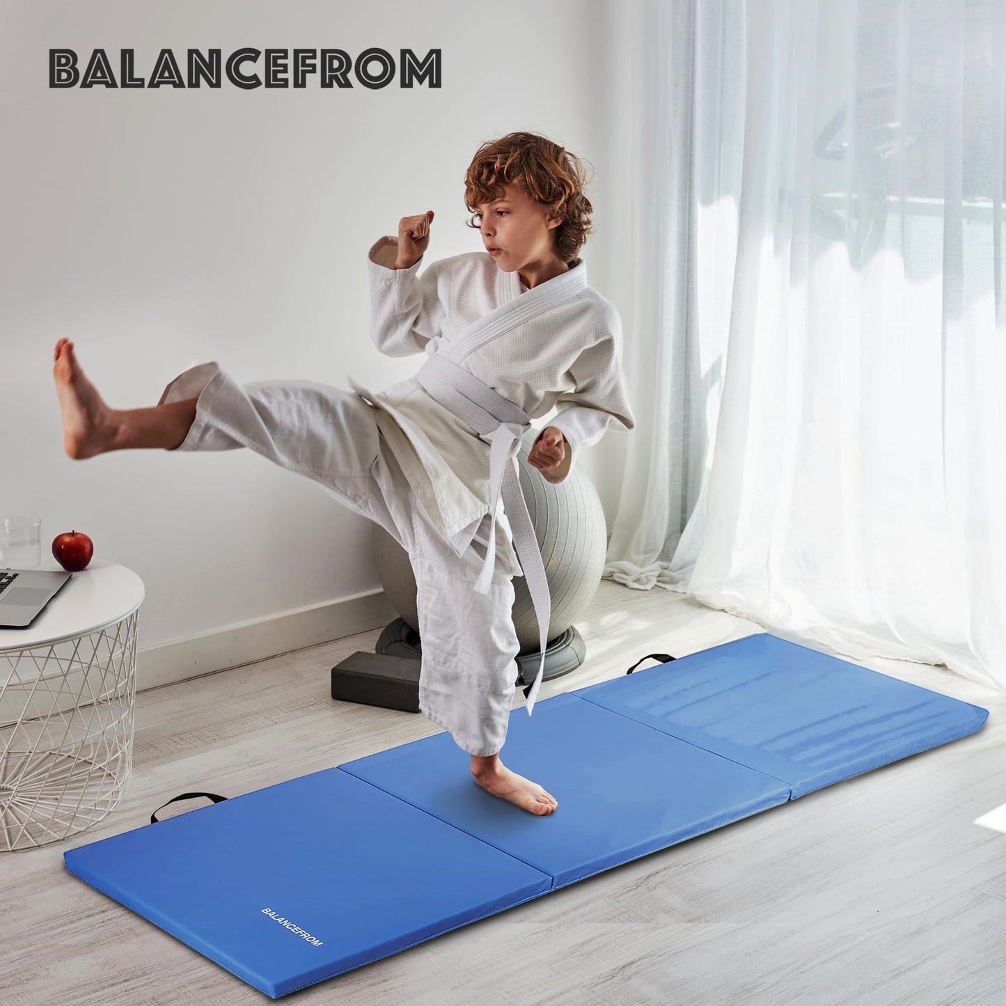 BalanceFrom 6x2 Feet 3-Panel Folding Gymnastics Mat – 1.5-Inch Thick Pad with Vinyl Surface and Carrying Handles for Tumbling, Yoga, Pilates, Home Workouts, and Martial Arts, Blue