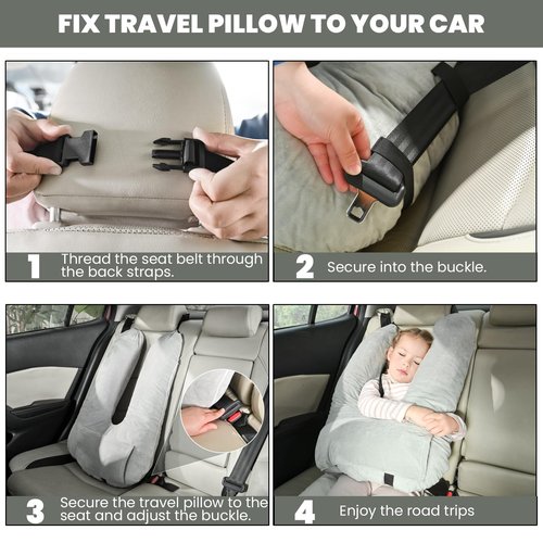 MOAOO Travel Pillow, Car Pillow for Kids & Adults, Kid Travel Sleeping Pillows for Neck & Body Support, Car Travel Essentials Pillow on Road Trips, Gray