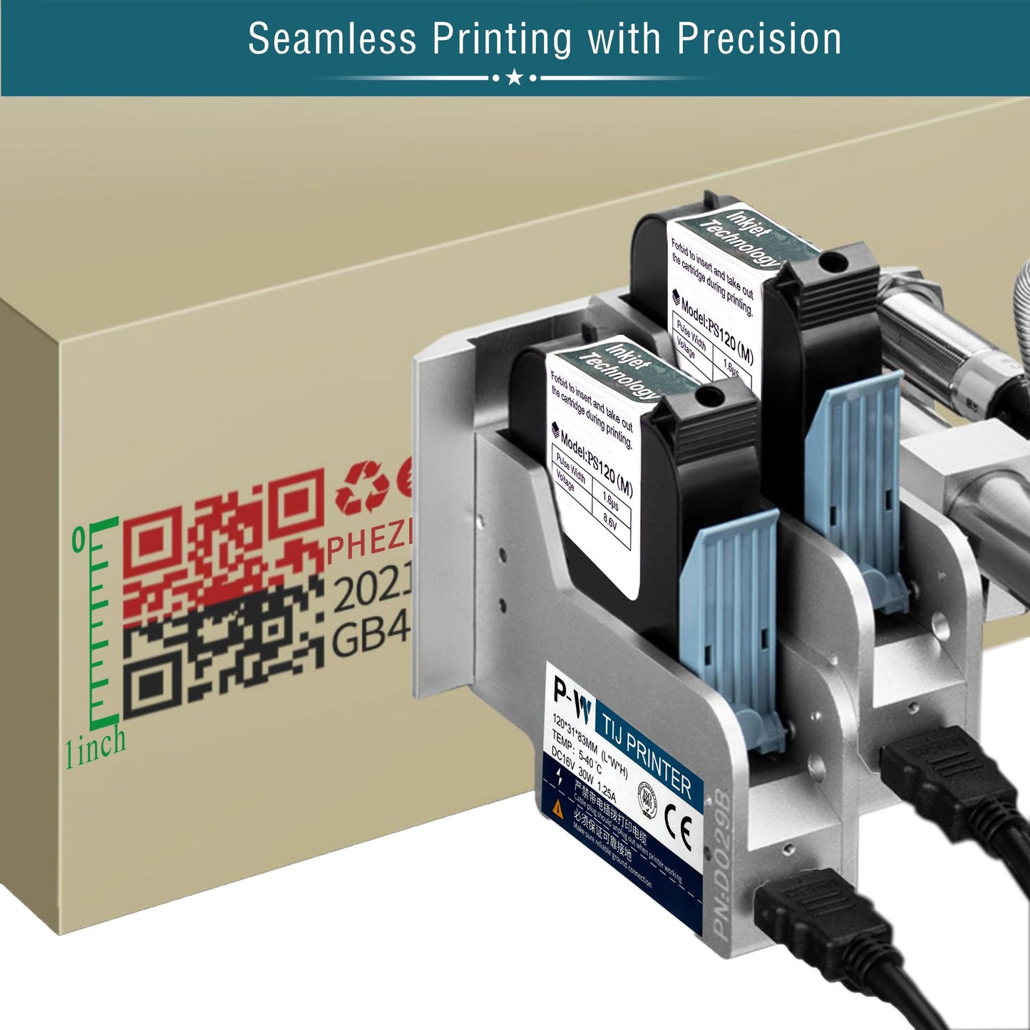 Phezer 0.5inch/12.7mm Automatic Online Inkjet Coding Machine for Production Line, 23 Languages, Intelligent Variable Data/Date/Logo/Barcode/Image Thermal Inkjet Printer, (2 Nozzles, 70M/min, PW2)