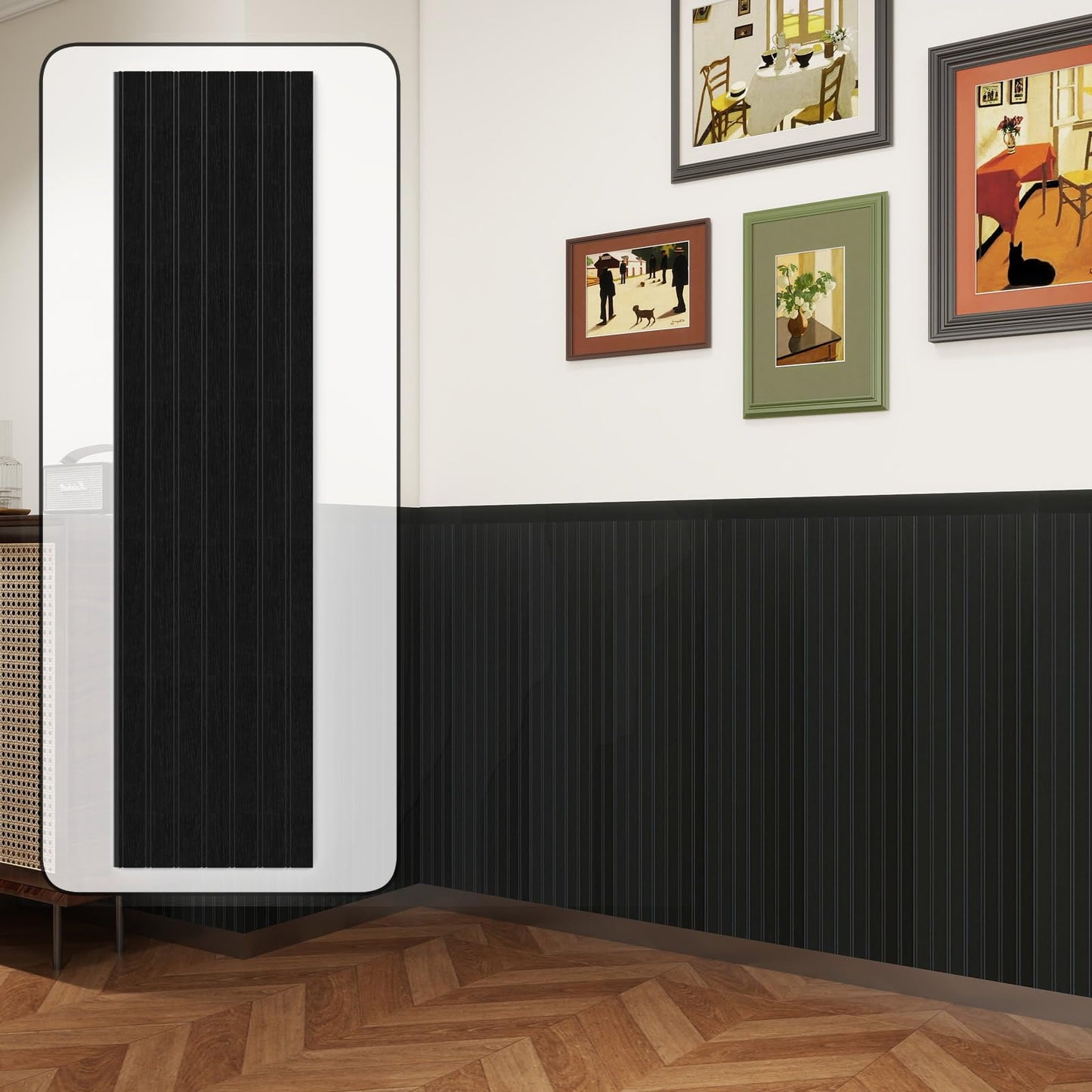 RODENET Wall Wainscoting Panel Kit,8-Pack 38.6"x9.8"(98x25cm) Slat Panels with 2-Pack Molding Trims,Beadboard Board and Batten Panels,DIY Wall Panel Kit - Cover 21.6 Sq.Ft (Black)