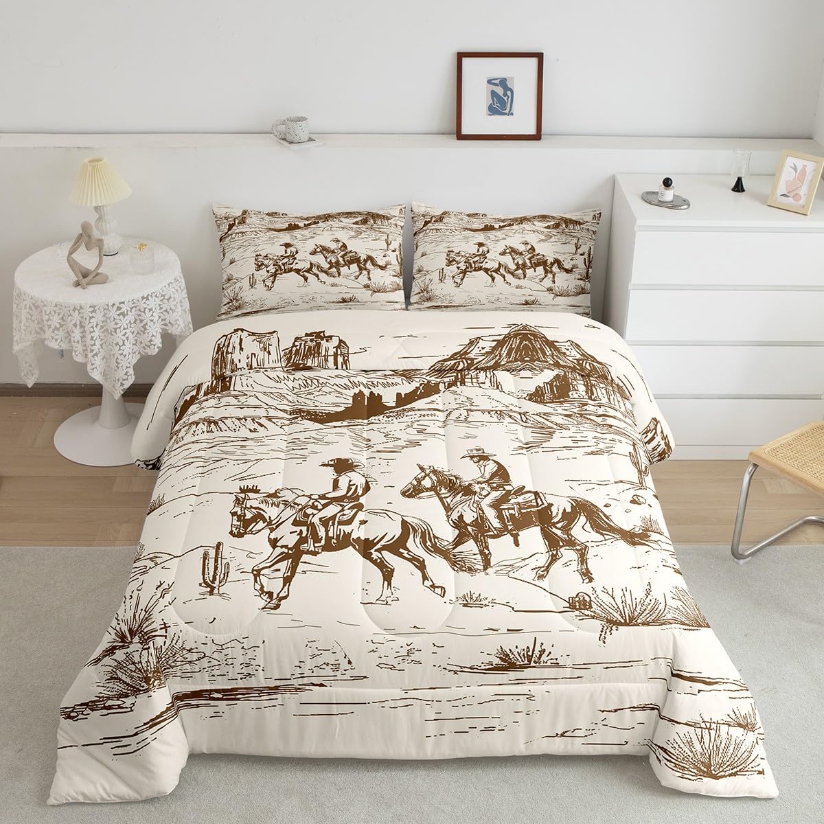 Erosebridal Cowboy Comforter Set Western Bedding Twin Size Wild West American Desert Hand Drawn Illustration Room Decor Down for Teens Boys Adults Men Girls Rustic Farmhouse Duvet Insert