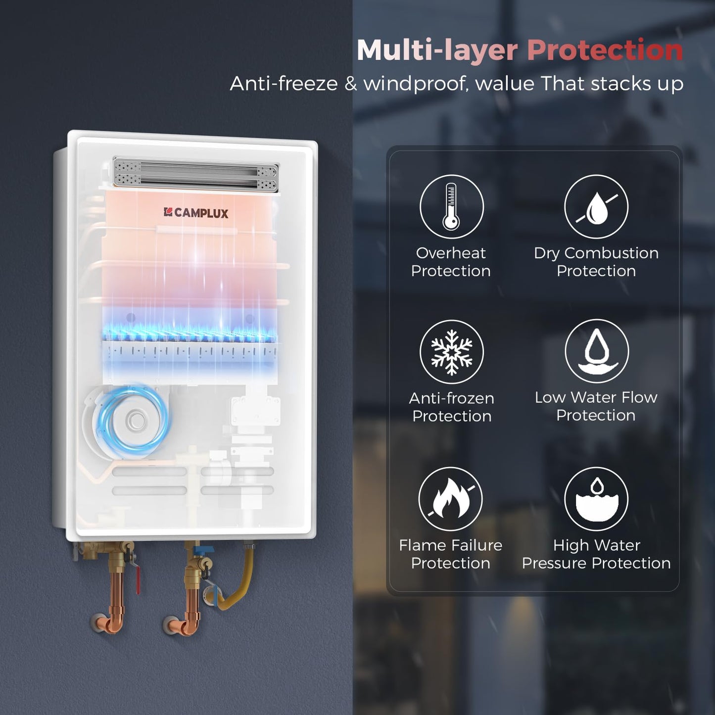 CAMPLUX Climatech 5 Tankless Water Heater Gas Outdoor 5.28 GPM Up to 6.4 GPM, 150,000 BTU, CSA Certified On Demand Instant Tankless Hot Water Heater Natural Gas, Outdoor Installation, WA528