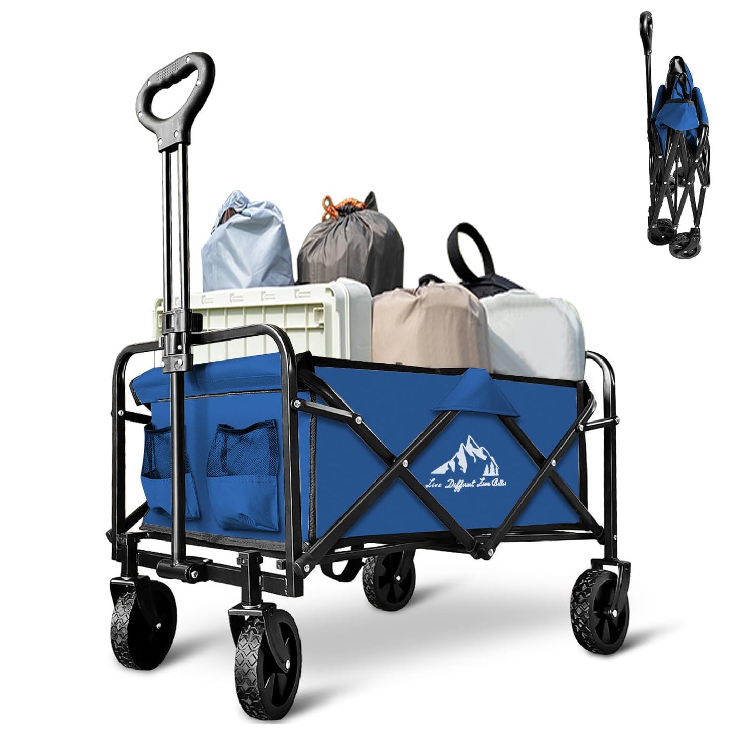 SAILARY Collapsible Utility Cart Folding Wagon, 320lbs Capacity Lightweight Rolling Cart with Quiet Wheels, Quick-Fold Design for Camping, Shopping, Ourdoor Use, Blue