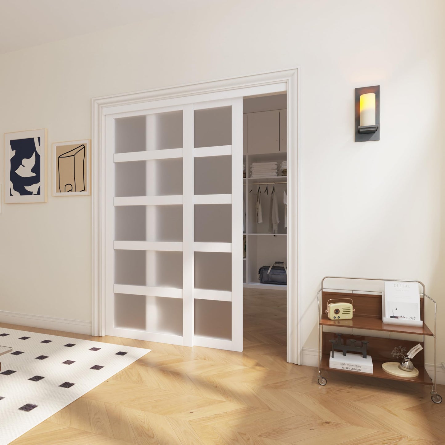 SOLRIG Sliding Closet Door, 5-Lite Frosted Glass Interior Door, 60"(Double 30") x 80" Closet Doors with Complete Hardware Track Kit & Floor Guide, Pre-Drilled Sliding Door Panel Assembly Required