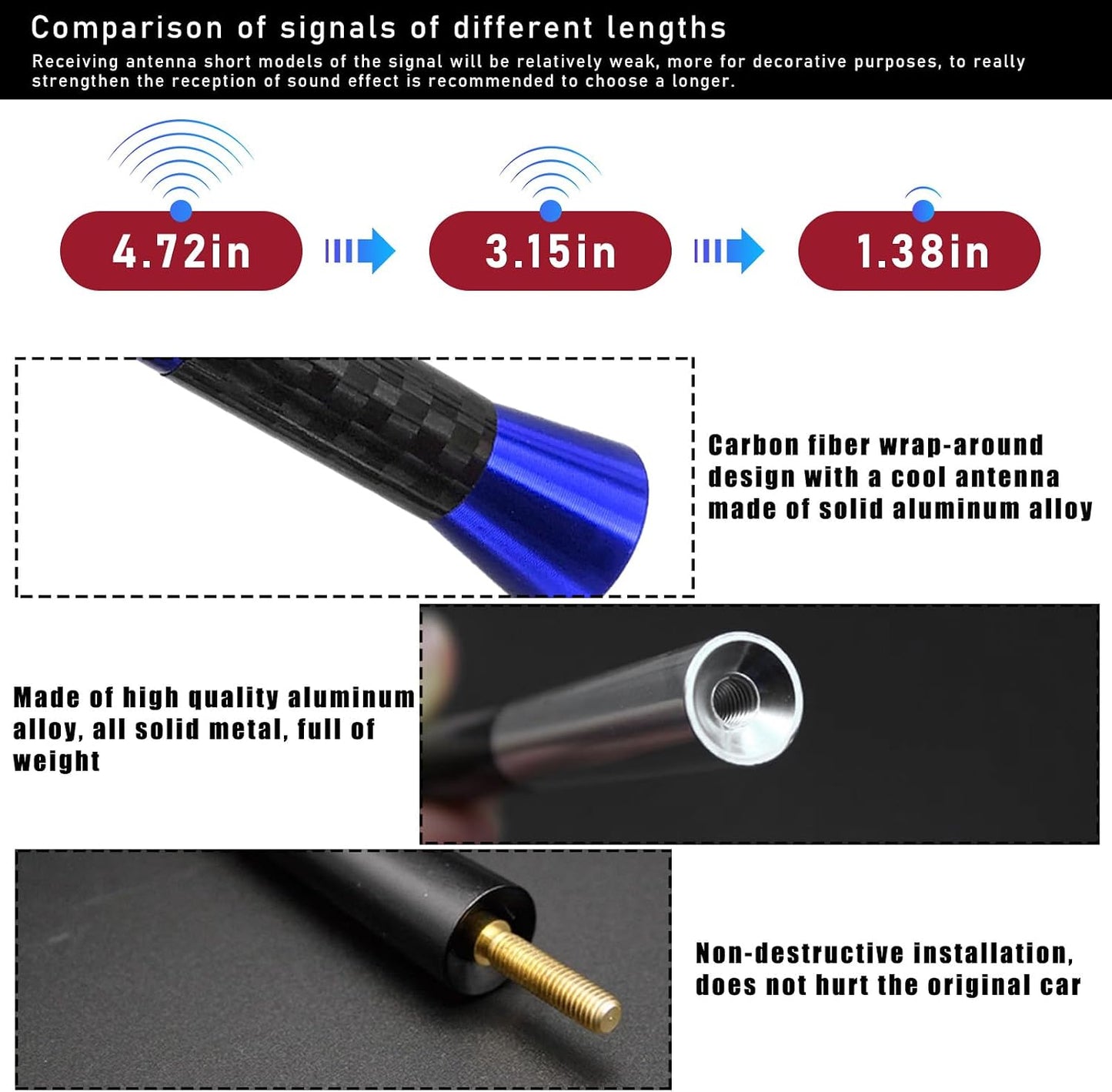 Dickno 1.37'' Car Short Antenna, Aluminum Radio Antenna Mast Replacement, Carbon Fiber Auto AM/FM Radio Reception