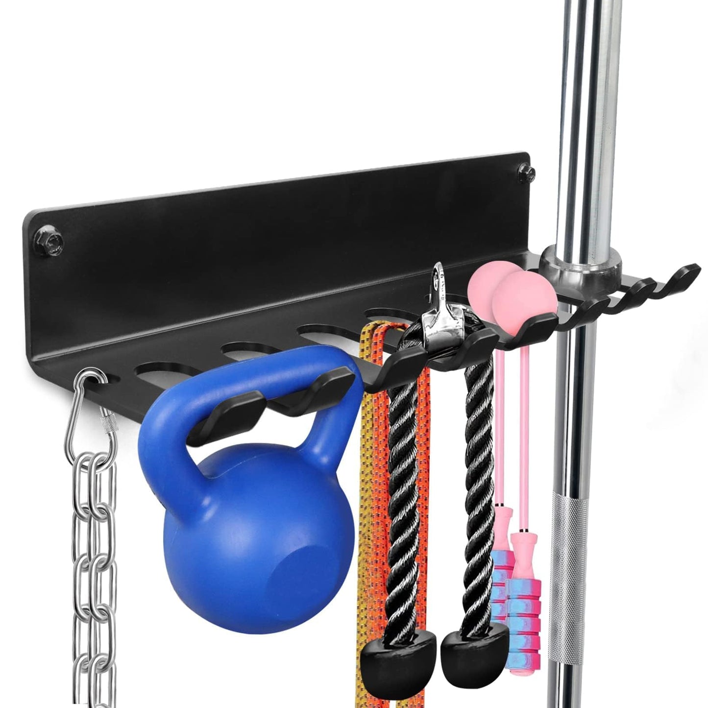 BRTGYM Gym Rack Organizer, Home Gym Accessories Hanger, Wall Mount Hooks for Olympic Barbells, Row Handles, Bats or Tools (E-Book Instruction Included)