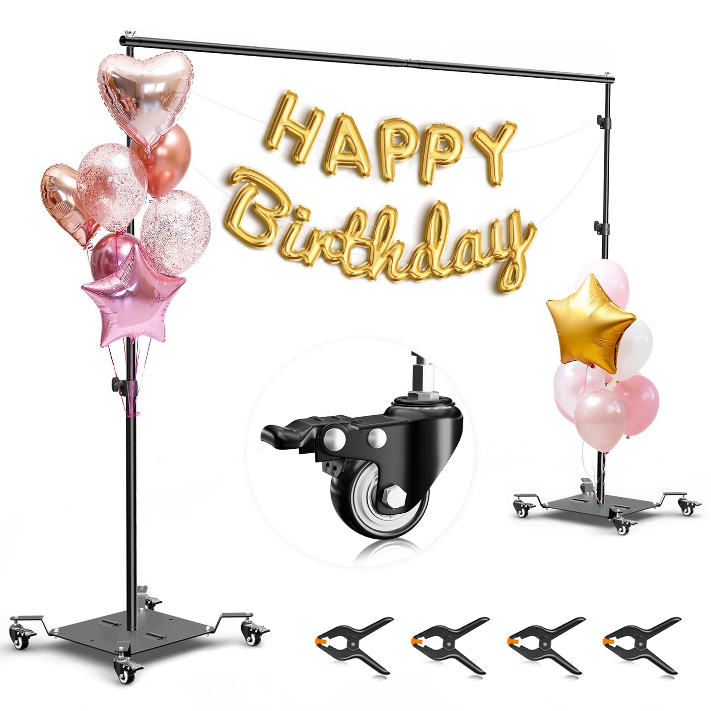 EMART Backdrop Stand with Wheels, 8.5x10ft Adjustable Photo Background Holder with Heavy Duty Metal Flat Base, Pipe and Drape Frame for Parties Wedding Photography Decoration