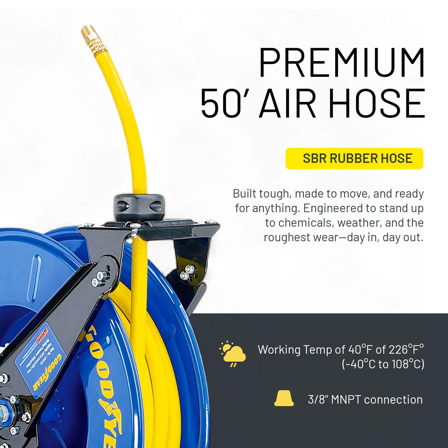 GOODYEAR Air Hose Reel Retractable 3/8" Inch x 50' Feet Long Premium Commercial SBR Hose Max 300 Psi Reinforced Steel Construction Heavy Duty Spring Driven Industrial Dual Arm & Pedestal