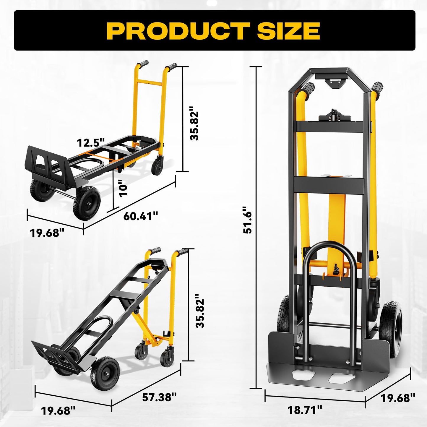 LDHTHOPI 4 in 1 Convertible Hand Truck Dolly, 850Lbs Heavy Duty Folding Hand Truck Dolly Cart with Wheels, Non-Slip Handle for Moving Home, Shopping, Office, Warehouse