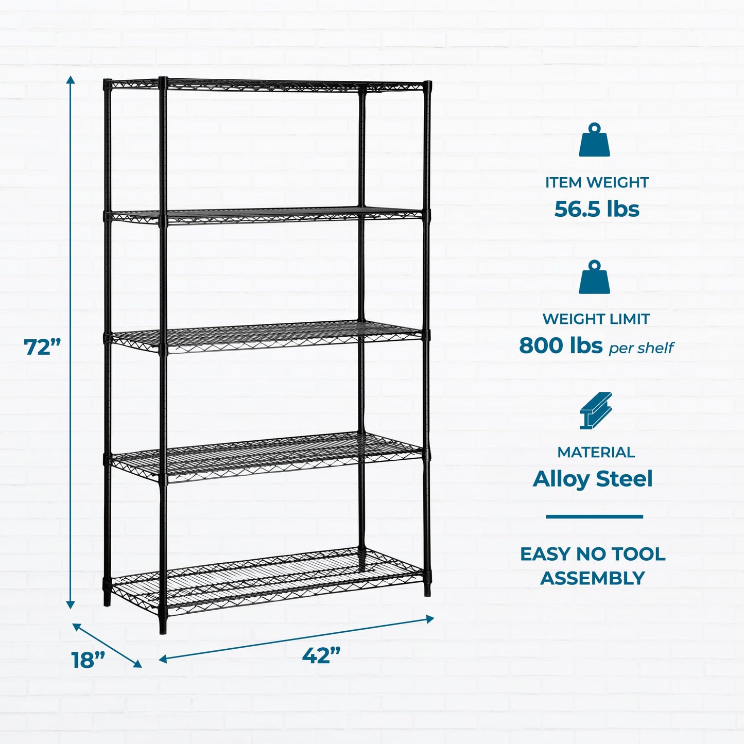 Honey-Can-Do 5-Tier Heavy Duty Adjustable Shelving Unit, 800-lb Per Shelf Metal Storage Rack, Industrial Strength Wire Shelf for Garage Workshop Warehouse, Black, 42 x 18 x 72 in