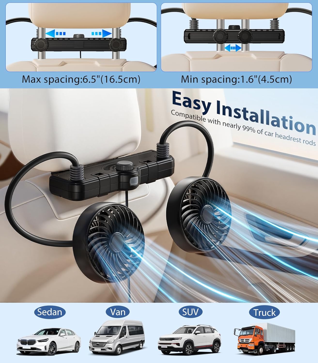 360 2 Dual Hose USB Fan for Car SUV RV Pickup Vehicle Headrest, Car Seat Fan for Baby Kids Rear Facing - Quiet Stepless