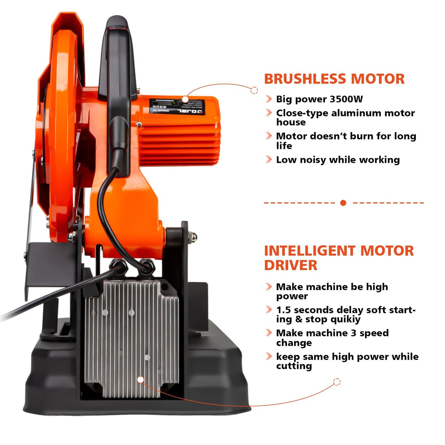 DJBL 14" 3500w Brushless Cold Cut Saw,Dry Cut Saw Cutting Speeds Changeable,Brushless Motor Metal Cut Chop Saw with 66 Teeth Ferrous Metal Cutting Blade,45 Degree Adjustable