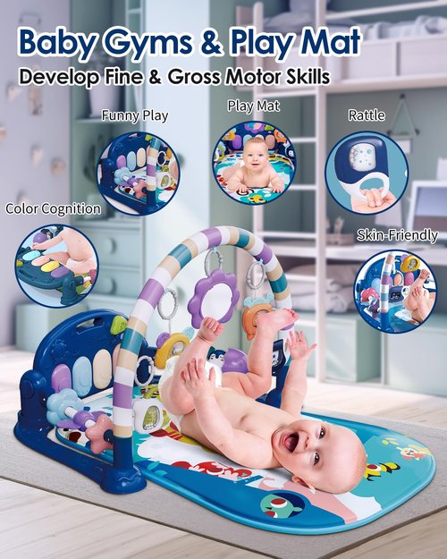 Dearlomum Baby Play Mat Gym - Fun Piano Tummy Time Activity Mat with 5 Sensory Toys | Blue for Newborns 0-12 Months