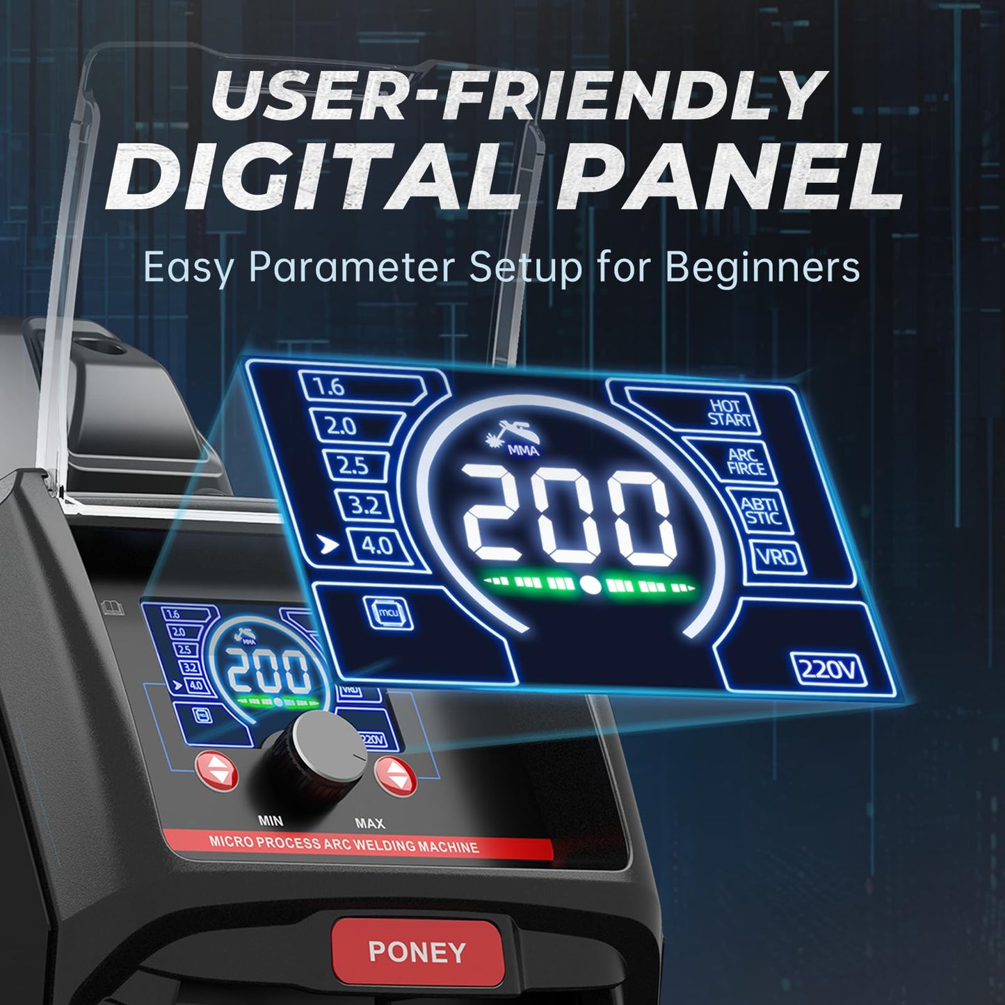 PONEY Stick Welder, 200V 110V/220V MMA/Lift TIG 2 in 1 Welding Machine, Digital Display, Hot Start, Arc Force, VRD, IGBT Inverter Welder with Pure Copper Coil (IARC-200SKN)
