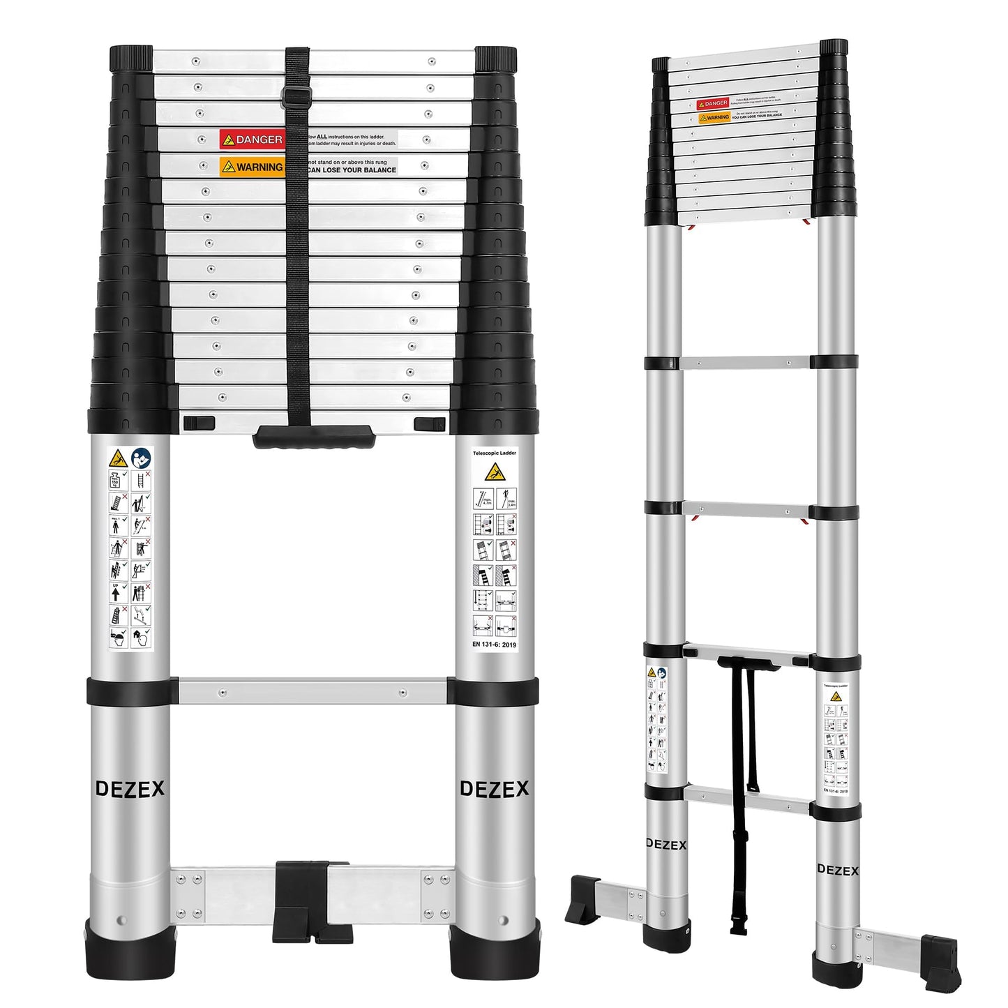 DEZEX 15.5 FT Aluminum Telescoping Ladders - One-Button Retraction Collapsible Extension Ladder for Home,RV,Attic,Lasts 330 LBS with Swivel Feet and Non-Slip Cushion