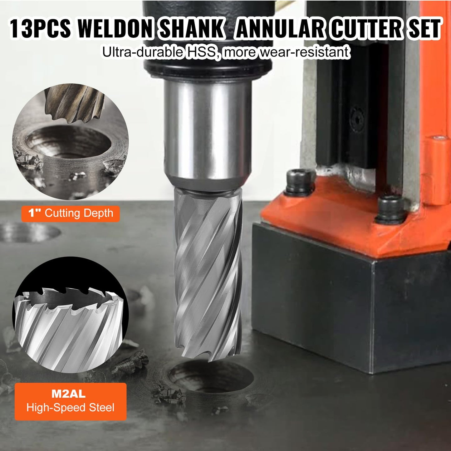 VEVOR Annular Cutter Set, 13 pcs Weldon Shank Mag Drill Bits, 1" Cutting Depth, 7/16" to 1-1/16" Cutting Diameter, M2AL HSS, 2 Pilot Pins, Hex Wrench and Portable Case, for Using with Magnetic Drills