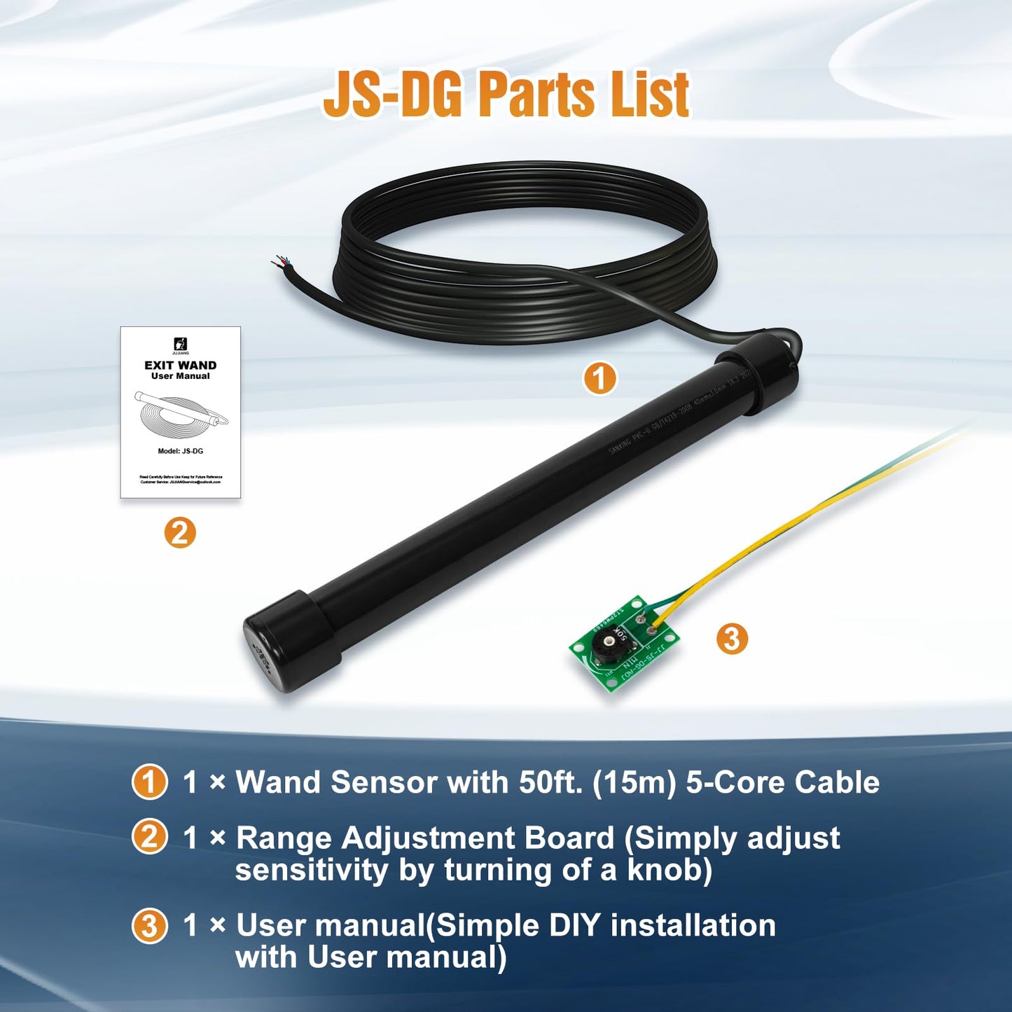 JUJIANG JS-DG Universal Vehicle Sensor for Automatic Gate Opener Systems Wired Exit Wand with 50FT Cable Driveway Gate Kit Accessory Hands Free Sensor Works with Mighty Mule, Ghost Gate Opener System