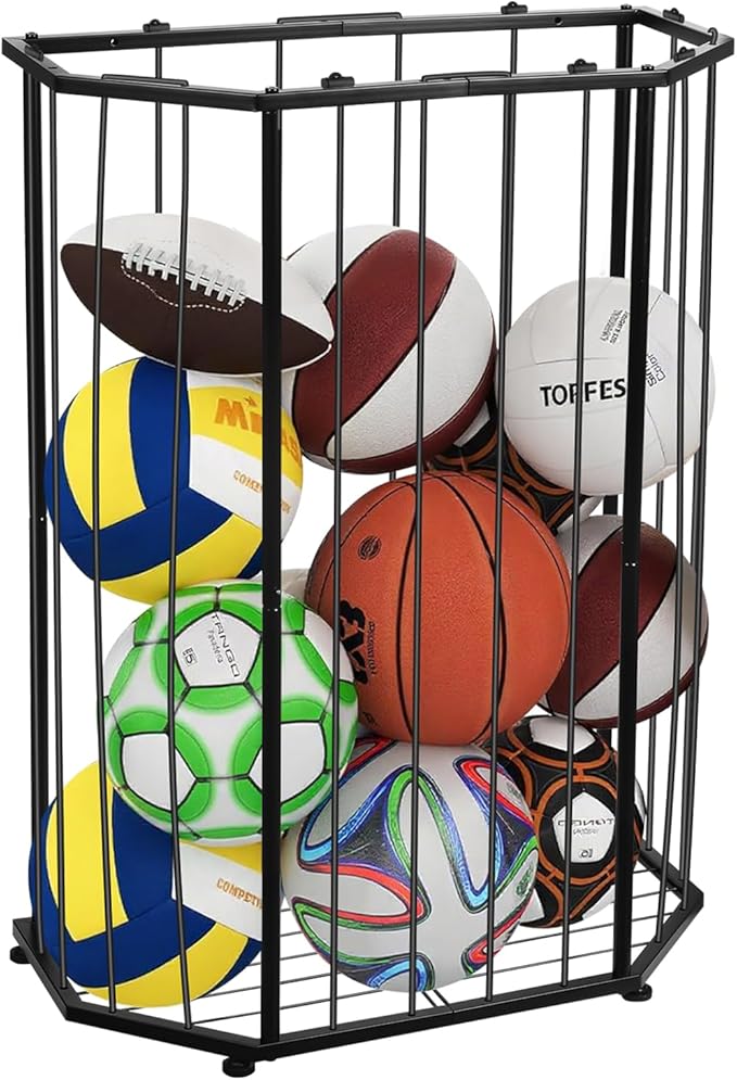 Garage Ball Storage Rack,with Bungee Cord Sports Equipment Organizer,Can be Wall-Mounted & Floor-Mounted Mount,FitBasketball,Footbal,Volleyball,Gym,and Garage Ball Storage (Black)