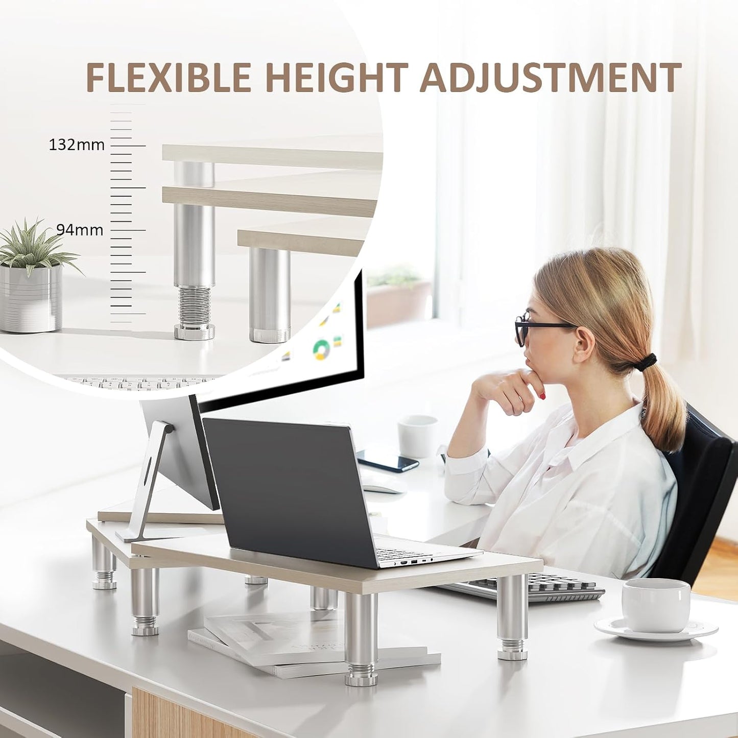 2 AX Waber Dual Monitor Riser - Adjustable Length & Angle, Wooden Stand for Monitors with Storage