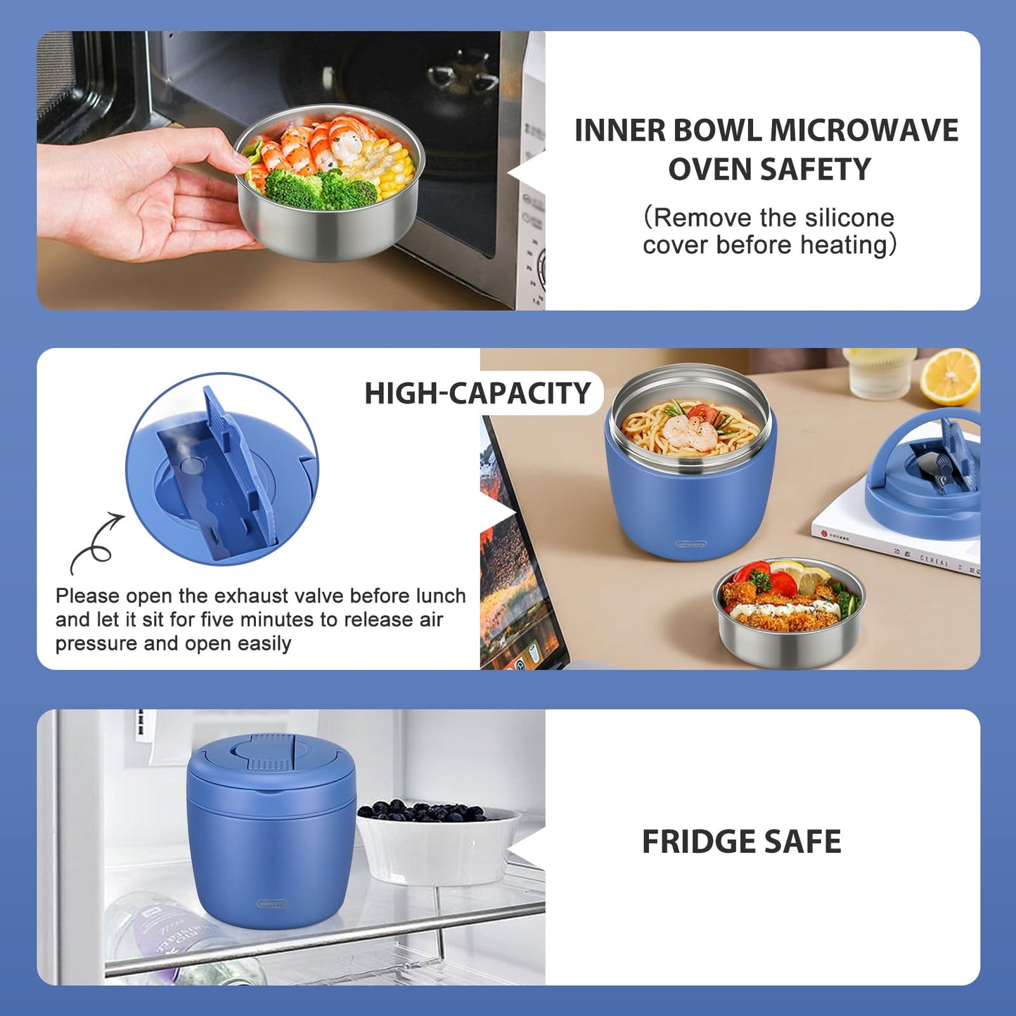 wiwens Thermo Food Jar for Hot Food Adults 32OZ Soup Thermo Lunch Containers Wide Mouth Vacuum Insulated Stainless Steel Leakproof Bento Box with Spoon (Blue)
