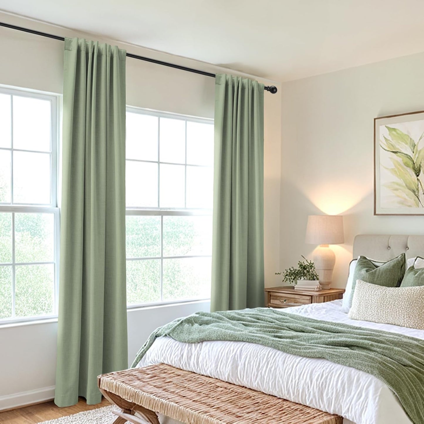 Skiennix 100% Blackout Linen Curtains - Thermal Insulated Drapes for Bedroom | 84" Long, Sage, 2 Panels Set