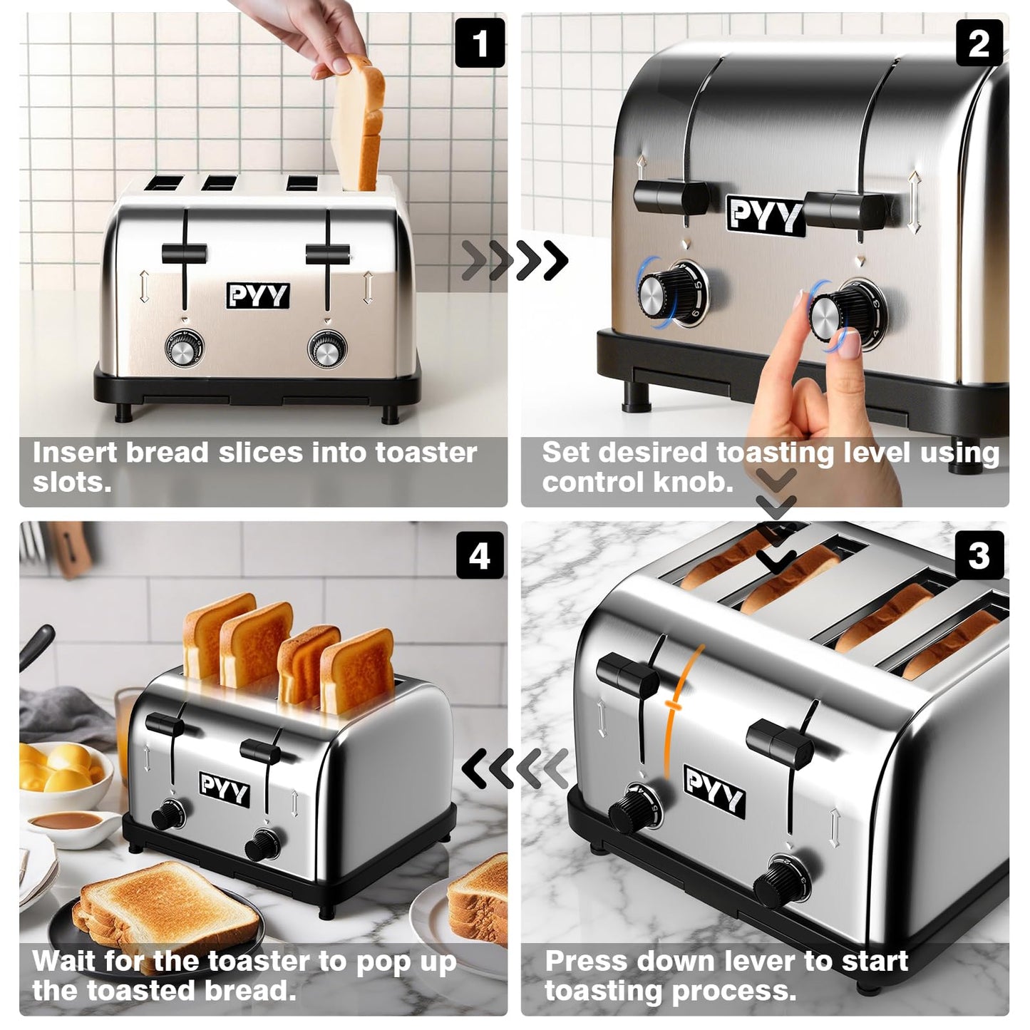 PYY 4 Slice Toaster - 1800W Stainless Steel Heavy Duty Toaster