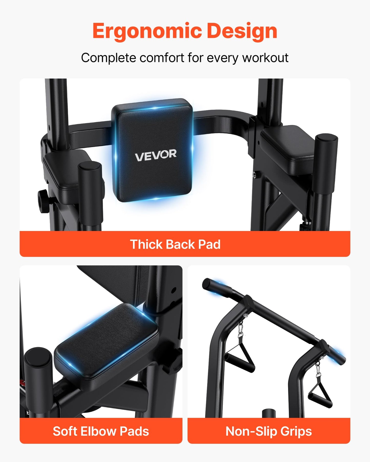 VEVOR Pull Up Bar, 330 LBS Power Tower Dip Station, Workout Dip Station with H-Shaped Stable Base & Back Pad, Adjustable 12 Level Height Free Standing Chin Up Bar for Back, 4-Level Adjustable Back Pad