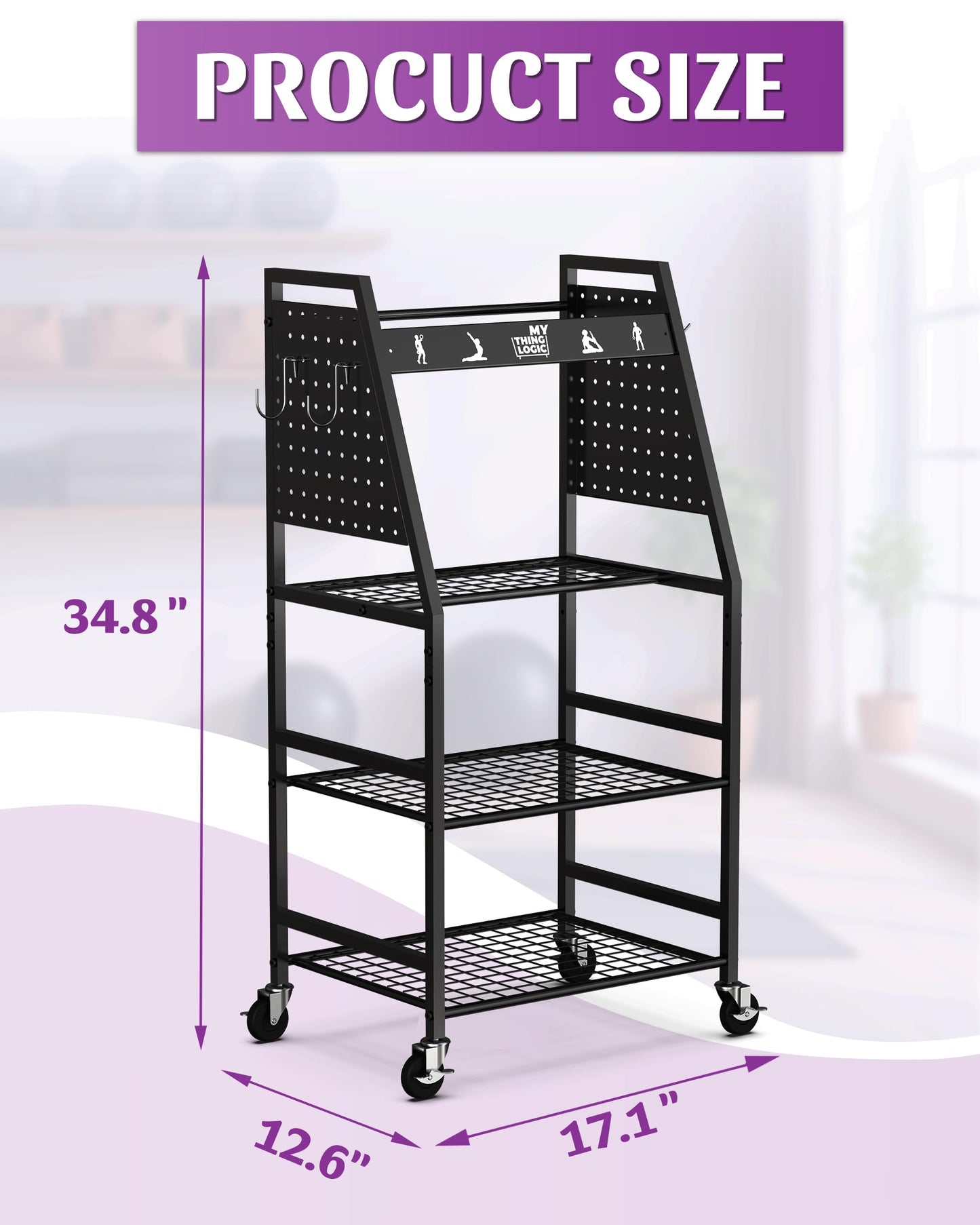Mythinglogic Yoga Mat Storage Racks,Home Gym Storage Rack for Dumbbells Kettlebells Foam Roller, Yoga Strap and Resistance Bands, Workout Equipment Storage Organizer With Hooks and Wheels (New Black)