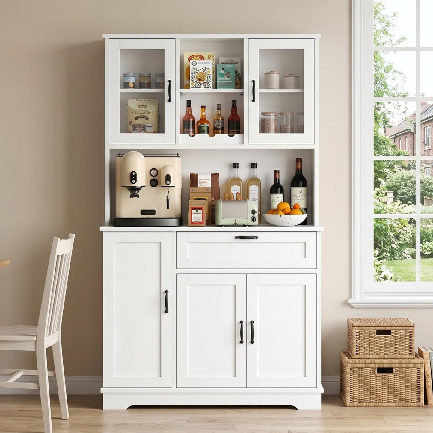 Vongrasig Kitchen Pantry Cabinet, Large Kitchen Hutch Formhouse Storage Cabinet with Microwave Stand, Tall Food Pantry for Dining Room, Living Room, White