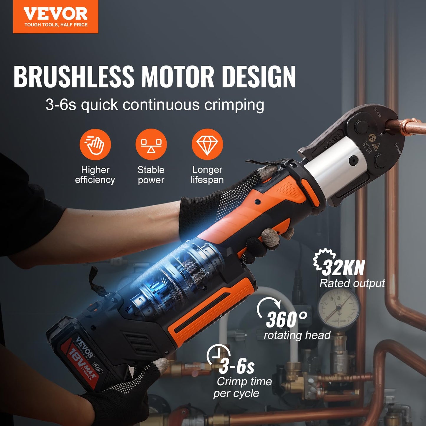 VEVOR Press Tool, 18V Electric Pipe Crimping Tool for 1/2”, 3/4”, 1”, 1 1/4", 1 1/2", 2" Copper Pipes, 32KN Press Tool Kit Compatible with ProPress - with Brushless Motor, 6 VUS Jaws, 2pcs 4AH Battery
