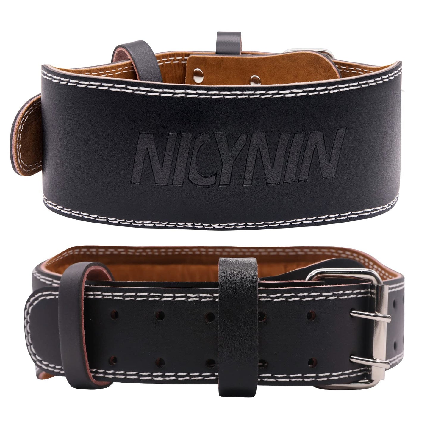Nicynin Leather Weightlifting Belt, Weight Lifting Belt 4 Inch Wide for Men Women, Gym Lever Belts -Lower Back Support- for Workout, Powerlifting, Squats, Deadlifts, Cross Training (Black, Medium)