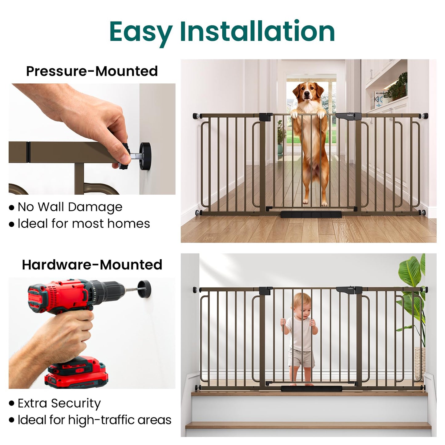 Cumbor Extra Wide Baby Gate, 36.6-69" Walk-Through Dog Gate for Stairs, Doorways & Hallways, 30.5“ Tall, Auto-Close & Dual-Swing Safety Child Gate Indoor, Easy Install Pressure-Mounted Pet Gate, Brown