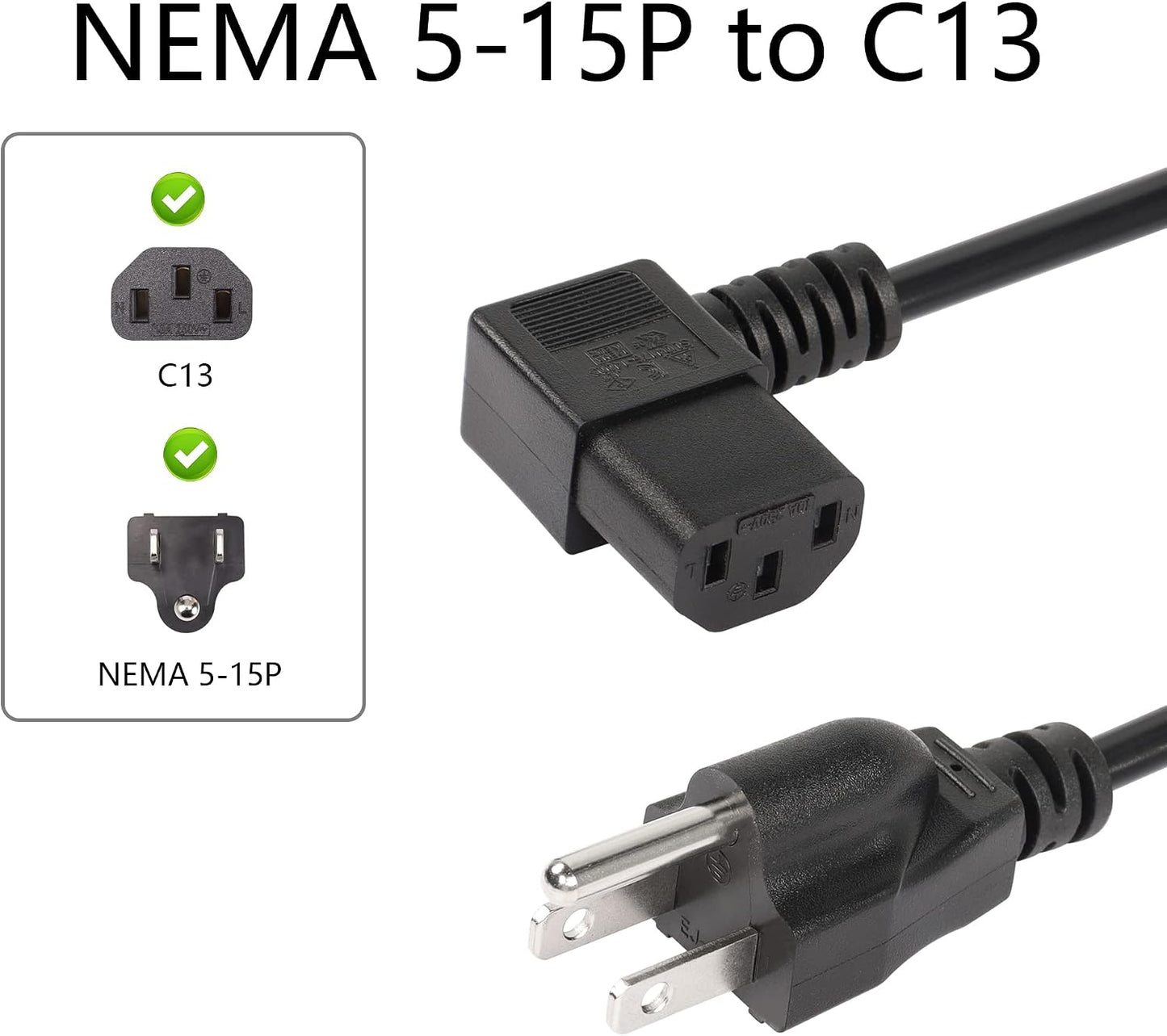 CERRXIAN 4.92FT 18AWG 3 5-15P 90 320 C13 10A/125V, Right Angle Prong Computer Power Cord, NEMA to Degree IEC Monitor TV