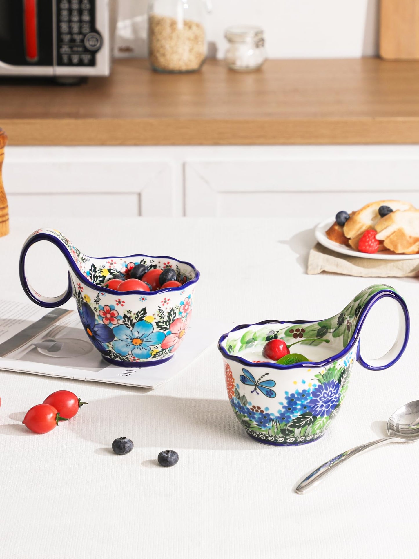 CKERAVOX Soup Bowl with Handle, Microwavable Ceramic Soup Mug with Bowl Snuggies, Handpainted Soup Cups for Stew, Fruits, Chili, Gift for Women Mother, Petite Floret