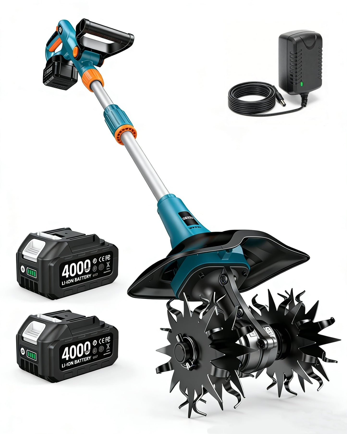 Seesii Cordless Tiller Cultivator, 20V Electric Tiller for Gardening with 2 x4.0Ah Batteries, 9" Tilling Width 6.6" Depth, Lightweight Adjustable Handle Rototiller for Lawn, Weeding & Soil Cultivation