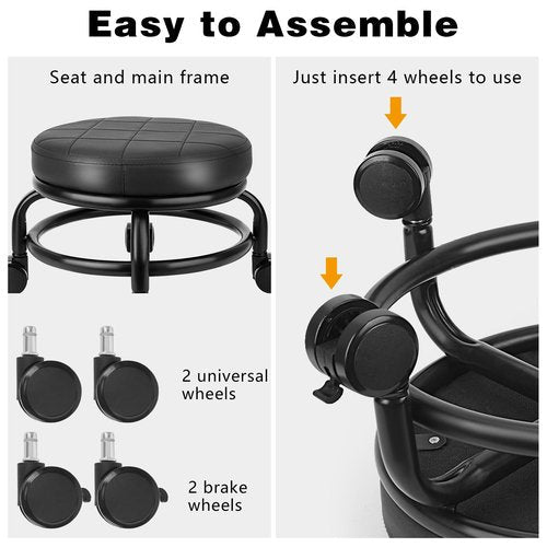 LWADALN Low Roller Stool Low Height Rolling Stool Seat PU Leather Small Chair Foot Stool Round Rolling Stools for Home Office Garage Shop (Black)
