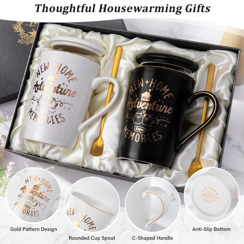House Warming Gifts New Home - New Home Gift Ideas for Women Men Couple New Homeowners Neighbor Friend, Unique Housewarming Present with 14Oz Coffee Mugs, Spoons, Lids, Greeting Card, Elegant Boxed