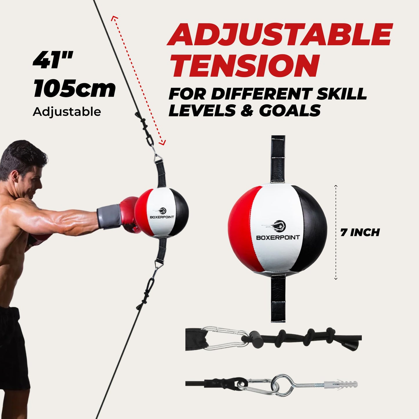 Boxerpoint Double End Boxing Bag - Small 7x7 in Red/White/Black - Birthday Gift Speed Training with Speed Punching Bag Platform & Boxing Reflex Ball - Training Station for Adults - Gym Equipment