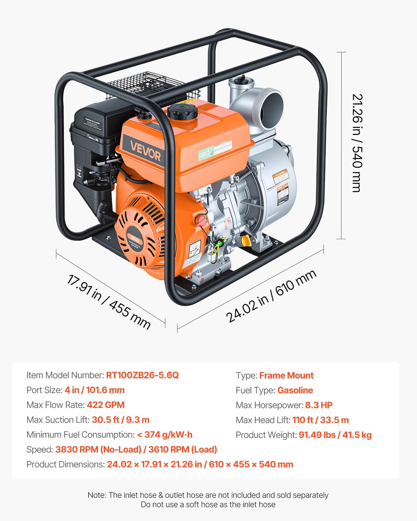 VEVOR Gas Powered Water Pump, 4 in, 422 GPM 8.3HP Semi Trash Water Transfer Pump Portable, Gasoline Engine with 25 ft Discharge Hose, Heavy Duty Frame, Cast Iron Impeller, for Irrigation, Ponds, Pools