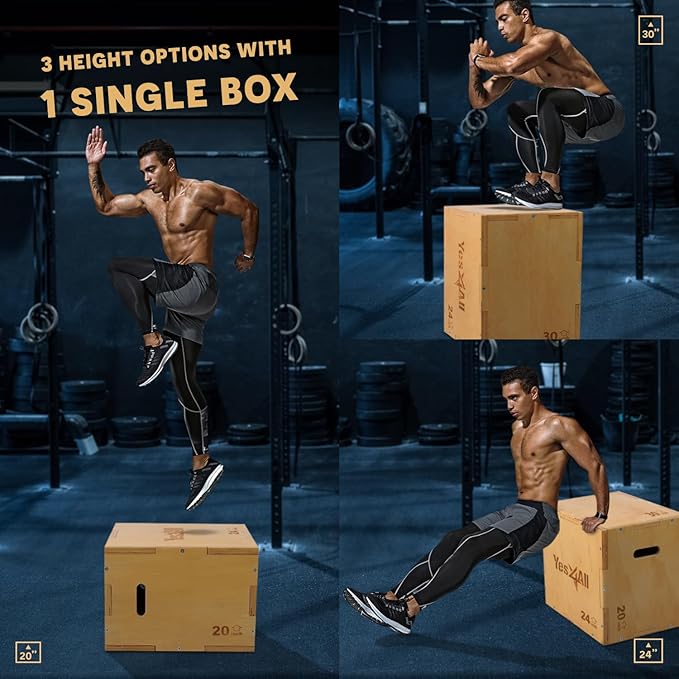 Yes4All Plyo Box, 3-in-1 Wooden Box Jumps for Home Gym (12/14/16?¯in), 450 lbs Boxes Step Up with Smooth Edges & Wide Built-in Handles for Jumping, Strength Training, Lunges, Squats, Dips