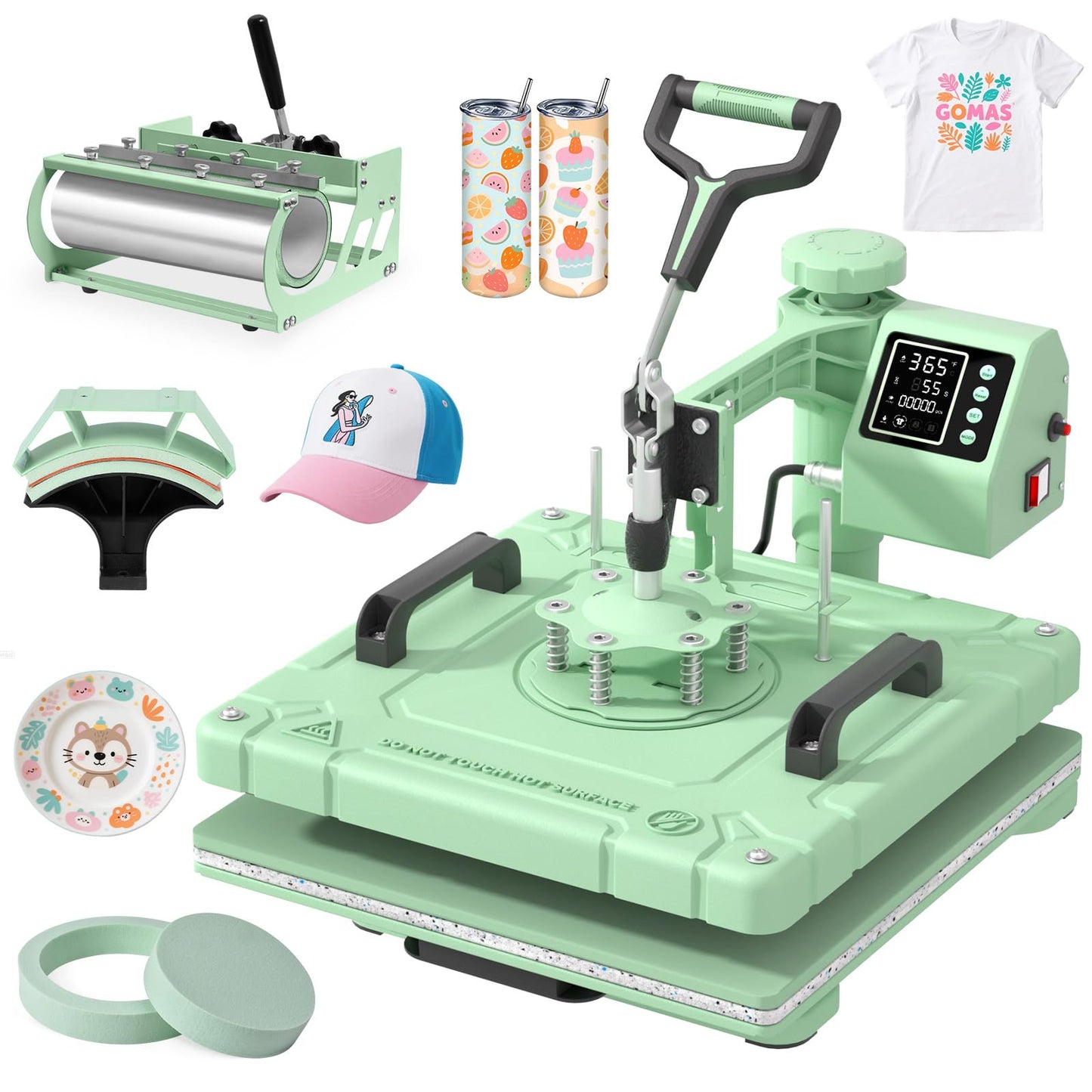 Slendor Heat Press 15x15 Inch 5 in 1 Heat Press Machine 360-Degree Swing Away Digital T Shirt Pressing Machine Multifunction Heat Transfer Sublimation Combo for T Shirts Mugs Hat Plate Cap,Green
