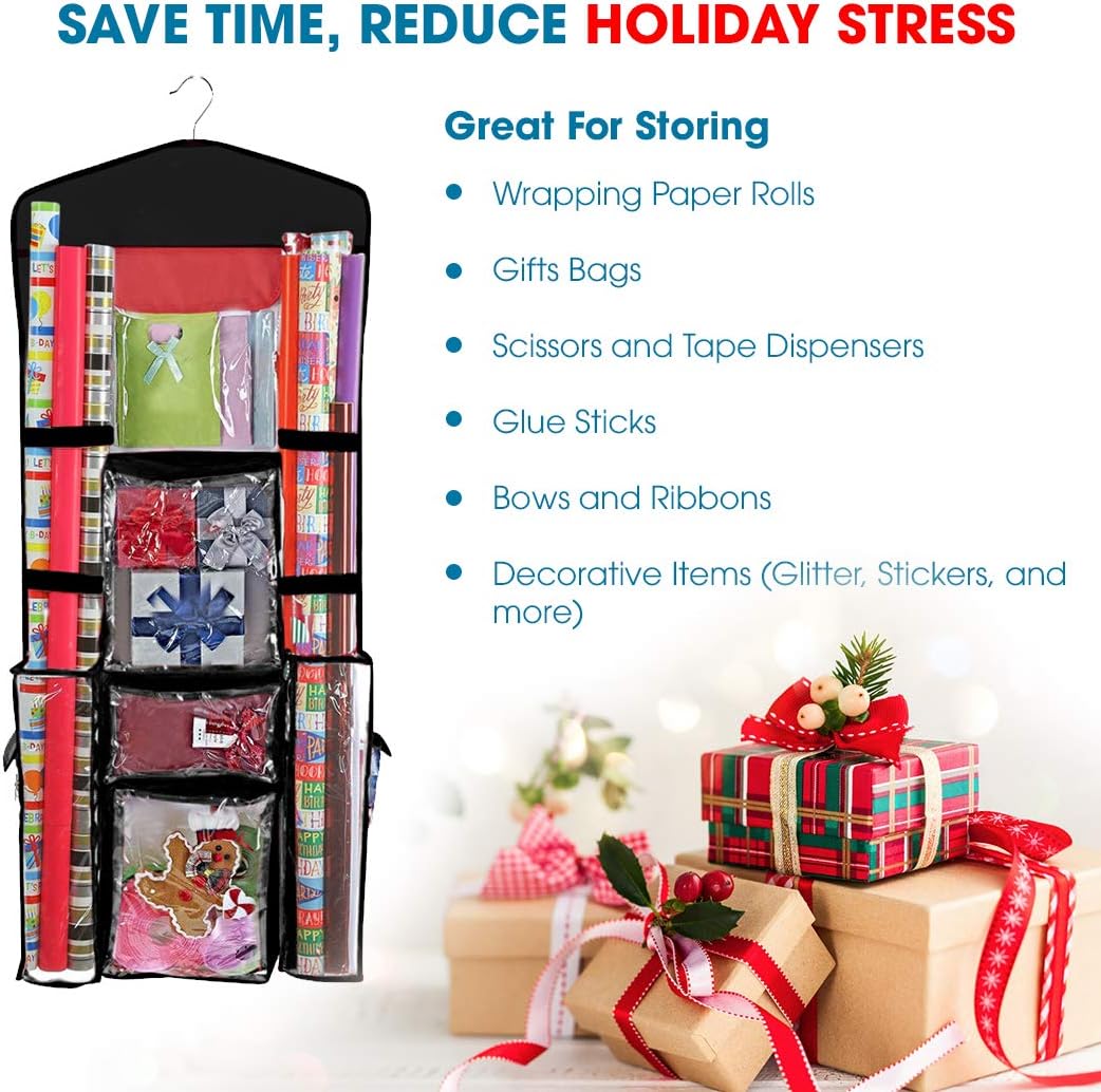 ProPik Wrapping Paper Storage Organizer - Double-Sided Design with Multiple Pockets | 40" x 17" Clear PVC Bag (Black)