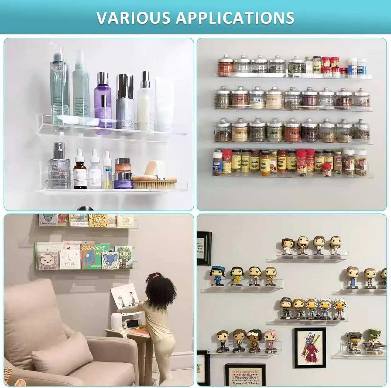 Albumgit 4 Pack Acrylic Wall Shelves - Self-Adhesive 15" Clear Floating Shelf for Home Organization
