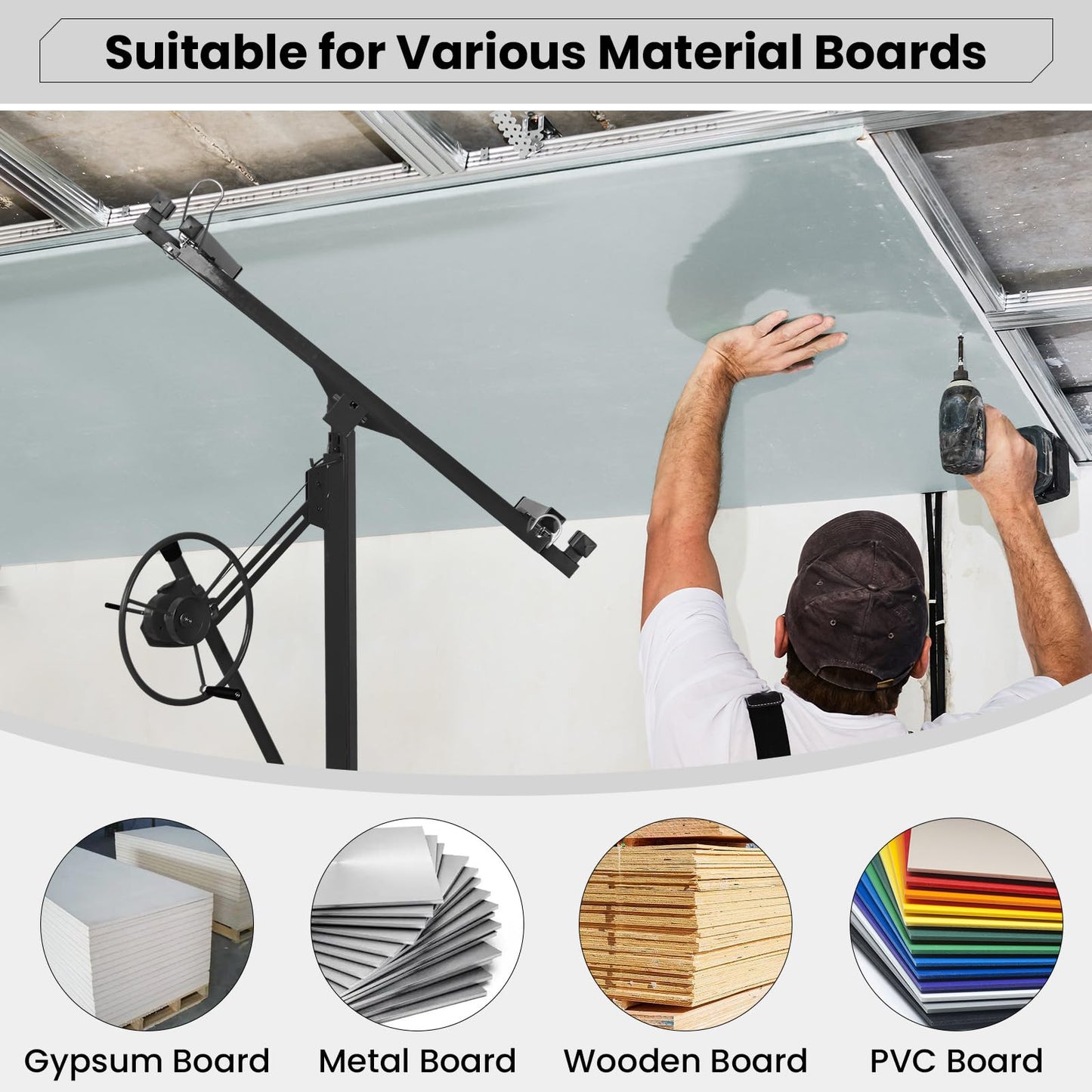 Rovibek 11 FT Drywall Lift, Sheetrock Lift Drywall Lift for Ceiling, Drywall Panel Hoist with 360° Adjustable Telescopic Arm, 150lbs Heavy Duty for Ceiling Home Improvement (Black)