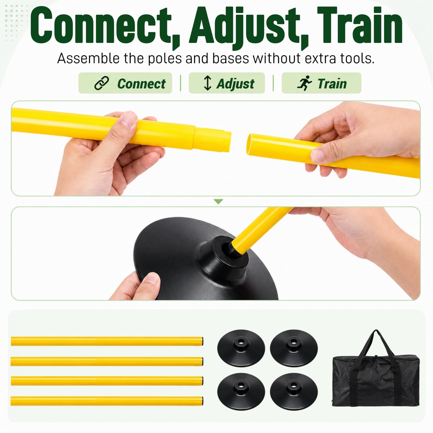 4 Pack Soccer Agility Training Poles, 5 FT Adjustable Speed and Agility Training Equipment for Football/Basketball/ Dog Practice, Bending Poles for Horses with Rubber Bases and Carry Bag (Yellow)
