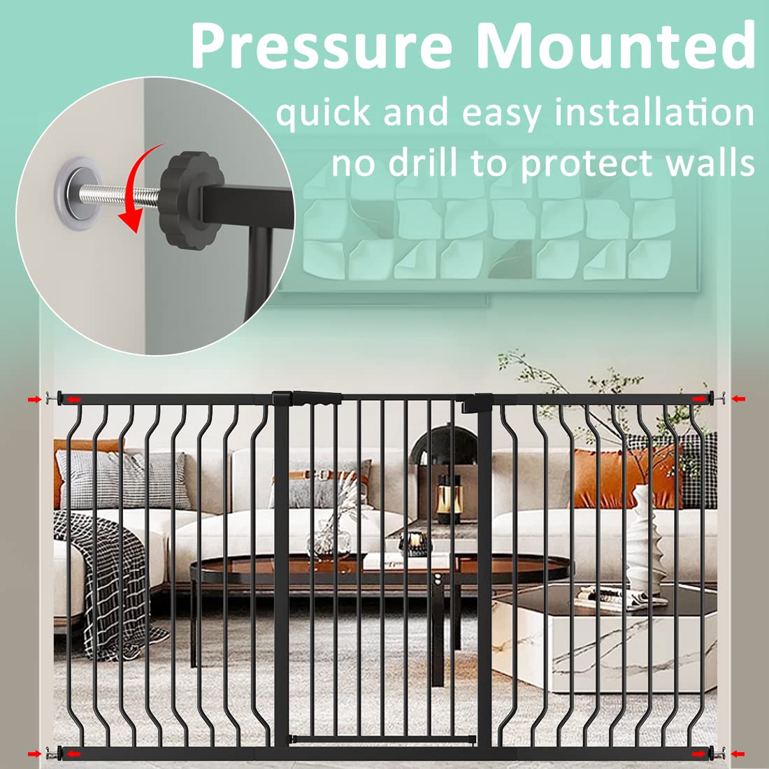 ALLAIBB Black 40.55" Extra Tall Wide 57.48-73.62" Baby Gate Pressure Mounted Walk Through Child Kids Safety Toddler Tension Pet Dog Gates with Extension for Doorways Kitchen
