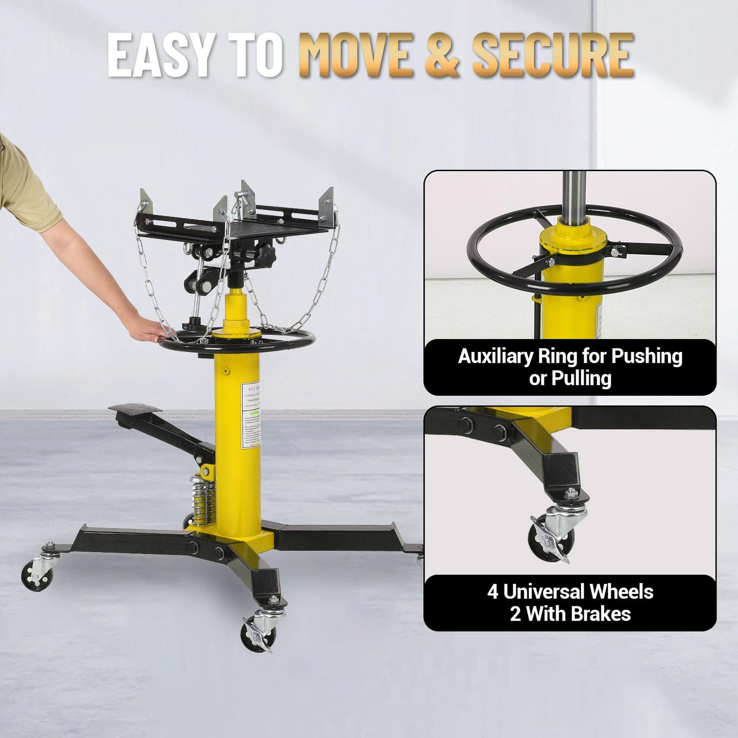 1322LBS Capacity 2-Plunger Fast Lift Transmission Jack with 33.5-69in Lifting Height - 2-Stage Hydraulic Telescopic Jack with Foot Pedal and 360° Swivel Wheel